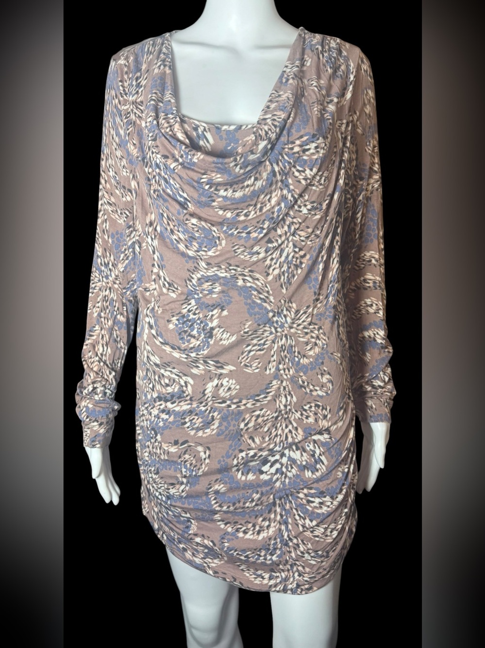 CAbi Floral Cowl Neck Ruched Mini Dress Size L Rayon Stretch
